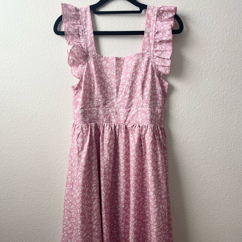 Pink Floral Dress Ruffle Sleeves Midi Length Shein